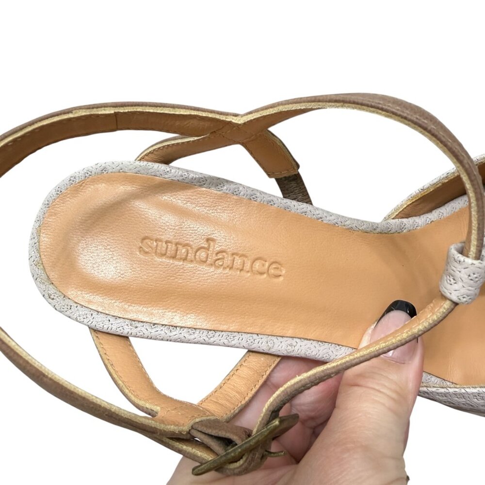 Sundance Taupe/Gray Leather Pointed Toe Stacked Heel T-Strap Shoes Size 39 / 8 - Picture 5 of 8